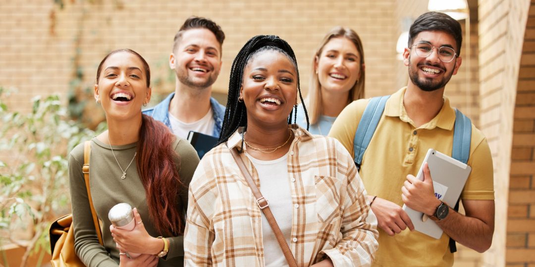 A diverse group of happy students.